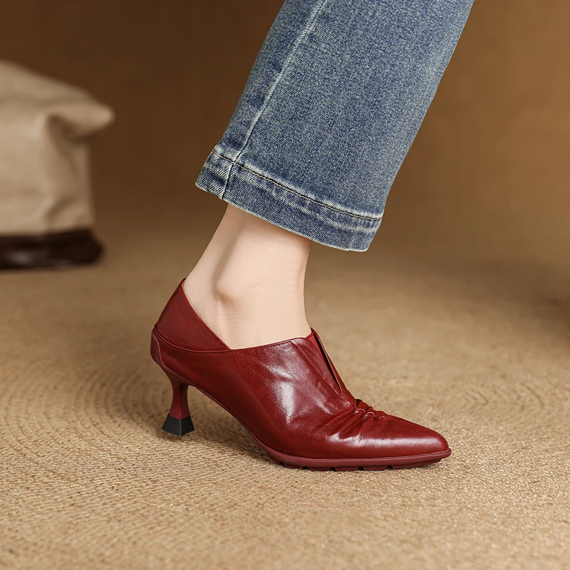 邓老板5.8cm羊皮软面尖头高跟一脚蹬捏皱深口鞋两穿舒适百搭3318