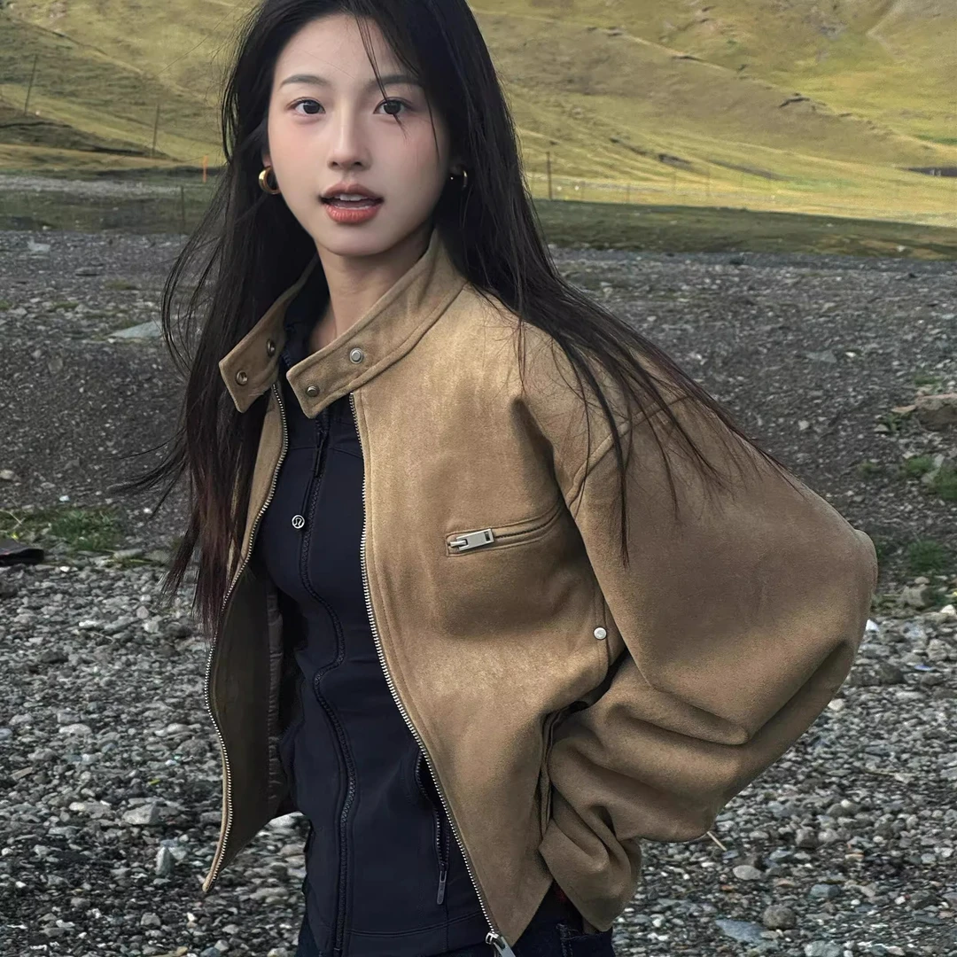 美式复古立领麂皮绒机车服短款外套女秋季新款百搭宽松夹克