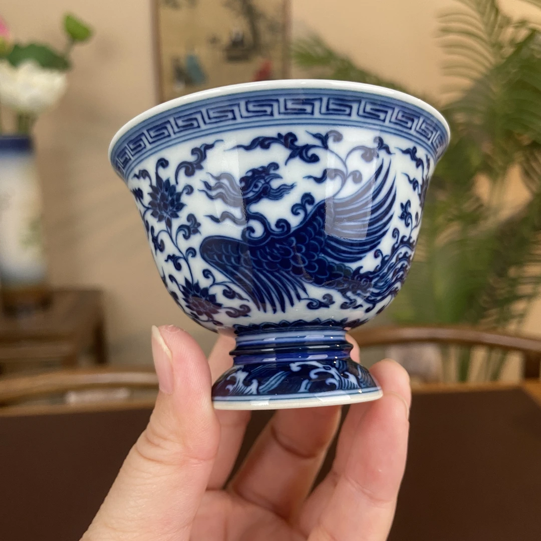 【记石柴窑】精工仿明双凤高脚杯主人杯 景德镇纯手工手绘茶器茶具