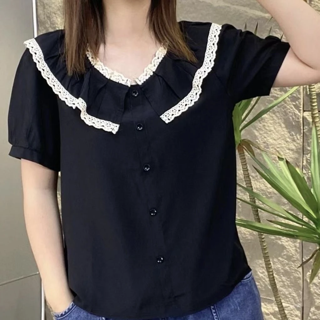 2025夏季新款时尚娃娃领花边设计女士t恤短袖遮肚子洋气衣服女