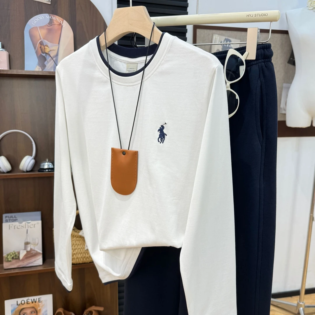 纯棉长袖·【外贸品质-刺绣战马】假两件设计感潮牌撞色时尚t恤24170