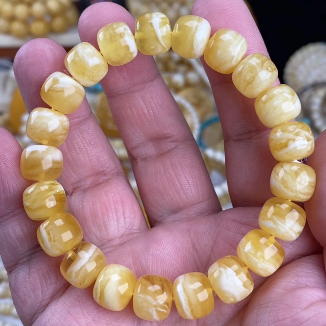 蜜蜡未镶嵌手链金瓷白细纹虎皮纹11.4mm