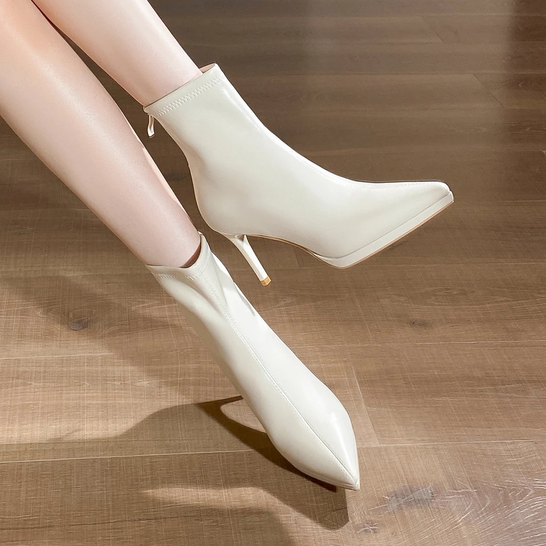 秋冬款2025防水台细跟弹力瘦瘦靴高跟短靴性感百搭尖头女靴