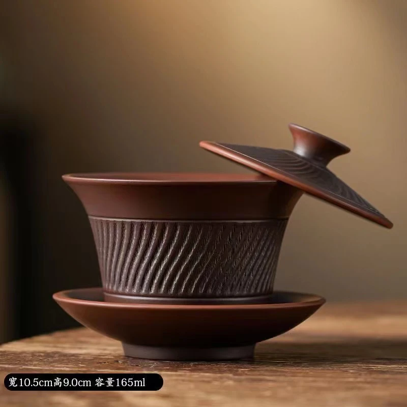 新款紫陶跳刀悬停旋转三才盖碗泡茶碗单个高档功夫茶具茶杯三泡台