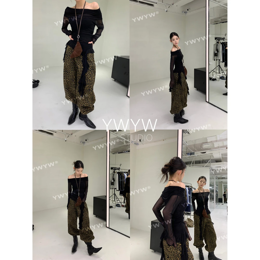 【福利款NO退换】早秋潮流豹纹百搭直筒宽松休闲阔腿拖地裤A3005