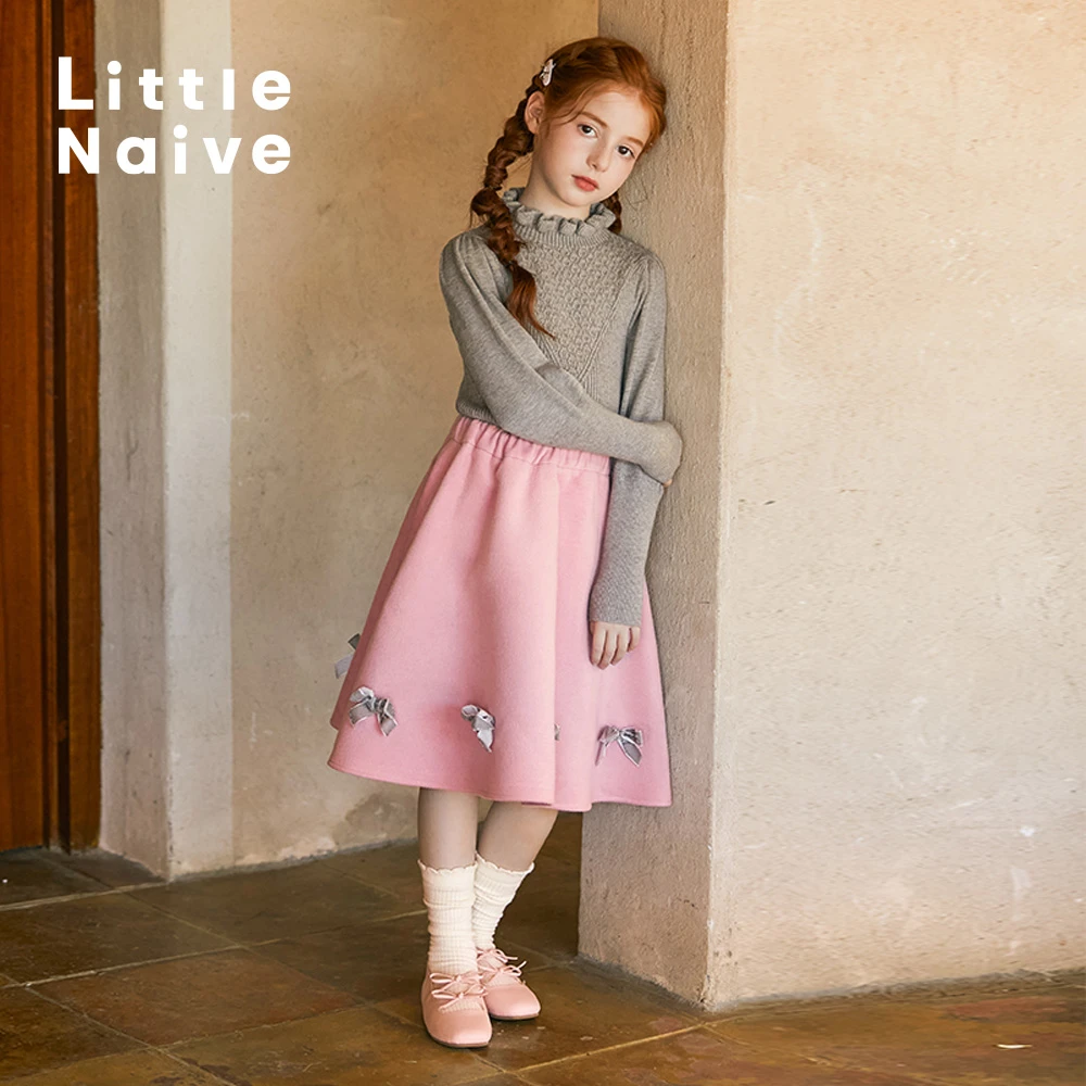 LittleNaive秋冬款女童多巴胺撞色蝴蝶结半身裙儿童复古呢子伞裙