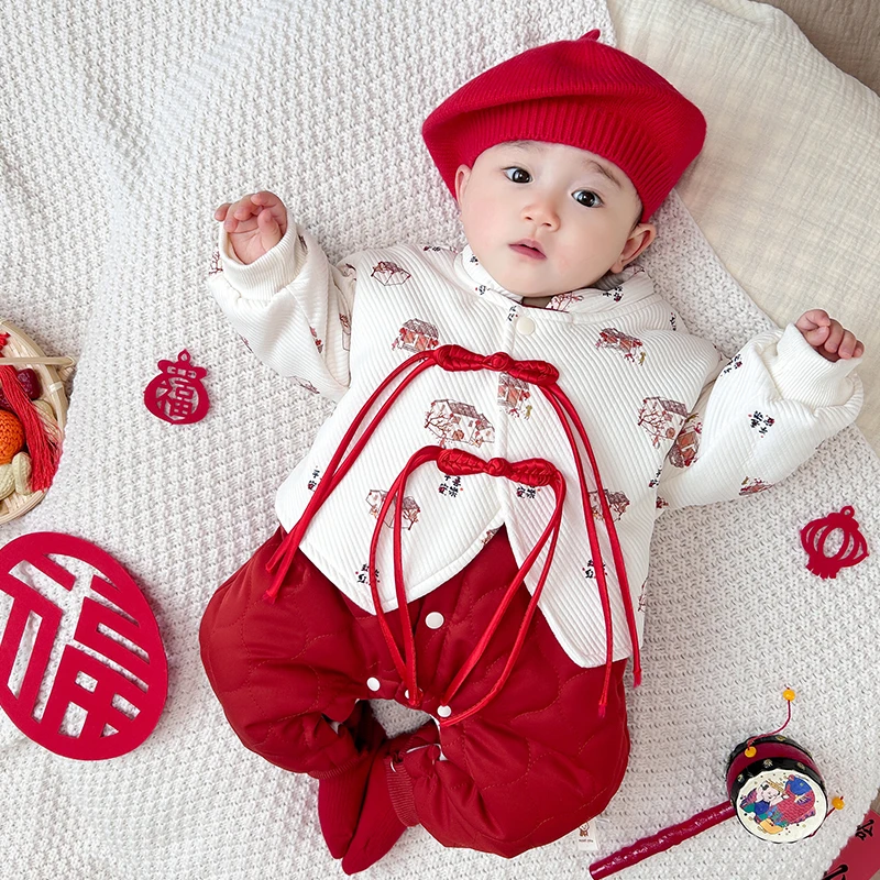 清仓直播婴儿过拜年衣服夹棉连体衣冬季新年装男女宝宝加绒加厚
