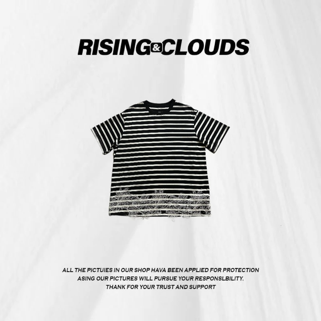 RISING&CLOUDS莎莎【新品】夏季时尚舒适百搭条纹蕾丝T恤070363