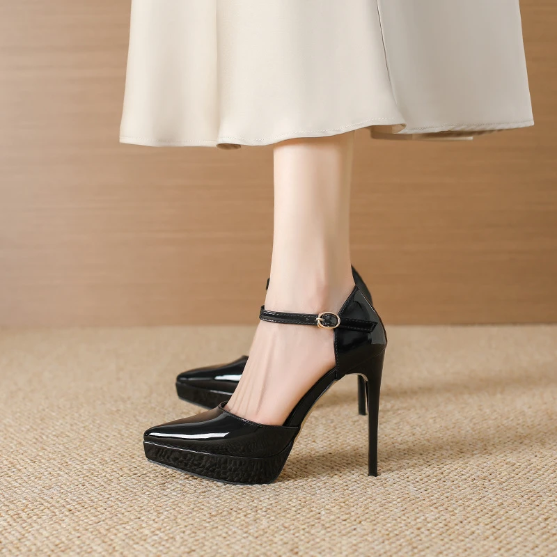 防水台高跟鞋细跟黑色职业浅口尖头单鞋2025秋冬新款性感侧面凉鞋