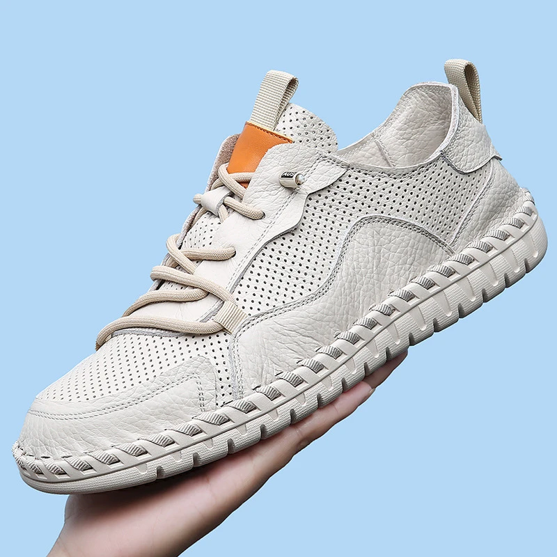 头层牛皮男士小皮鞋透气吸汗软底豆豆鞋无胶水手工缝包秋百搭休闲