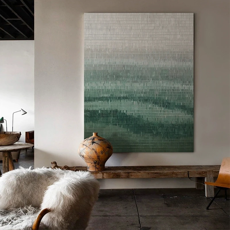 纯手绘油画【春间】赤贫风绿色系现代抽象肌理油画玄关餐厅客厅挂画