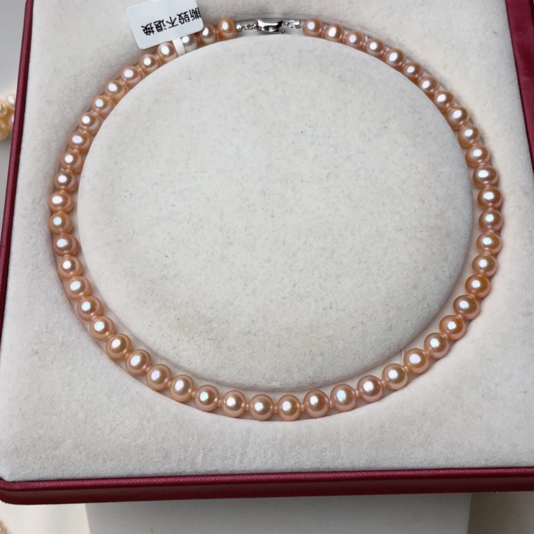 淡水珍珠颈饰银S925镶嵌8-9mm近正圆无瑕中国红