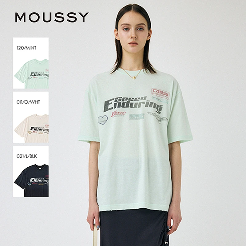 MOUSSY夏季新品做旧LOGO印花圆领宽松短袖t恤T恤010IS290-5281