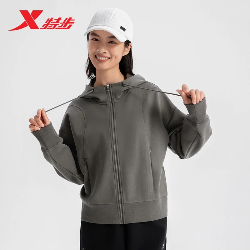 特步无缚保暖休闲舒适轻行针织连帽上衣25秋季女士户外运动外套