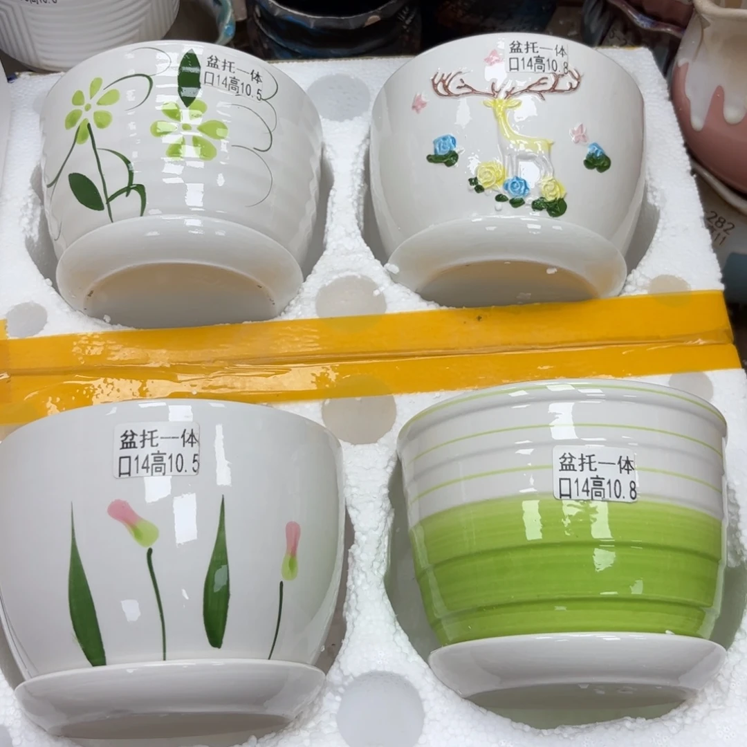 @夏西陶瓷花盆@@四个手绘