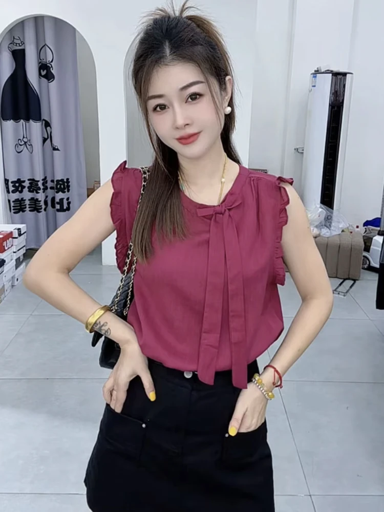 2025夏季新款韩系木耳花边袖系带蝴蝶结衬衫女设计感气质百搭上衣