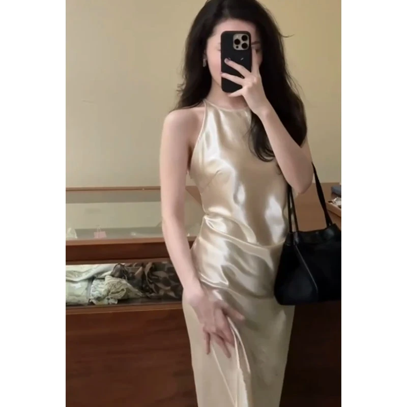 纯欲风气质御姐风修身无袖背心连衣裙女夏季收腰百搭显瘦开叉长裙