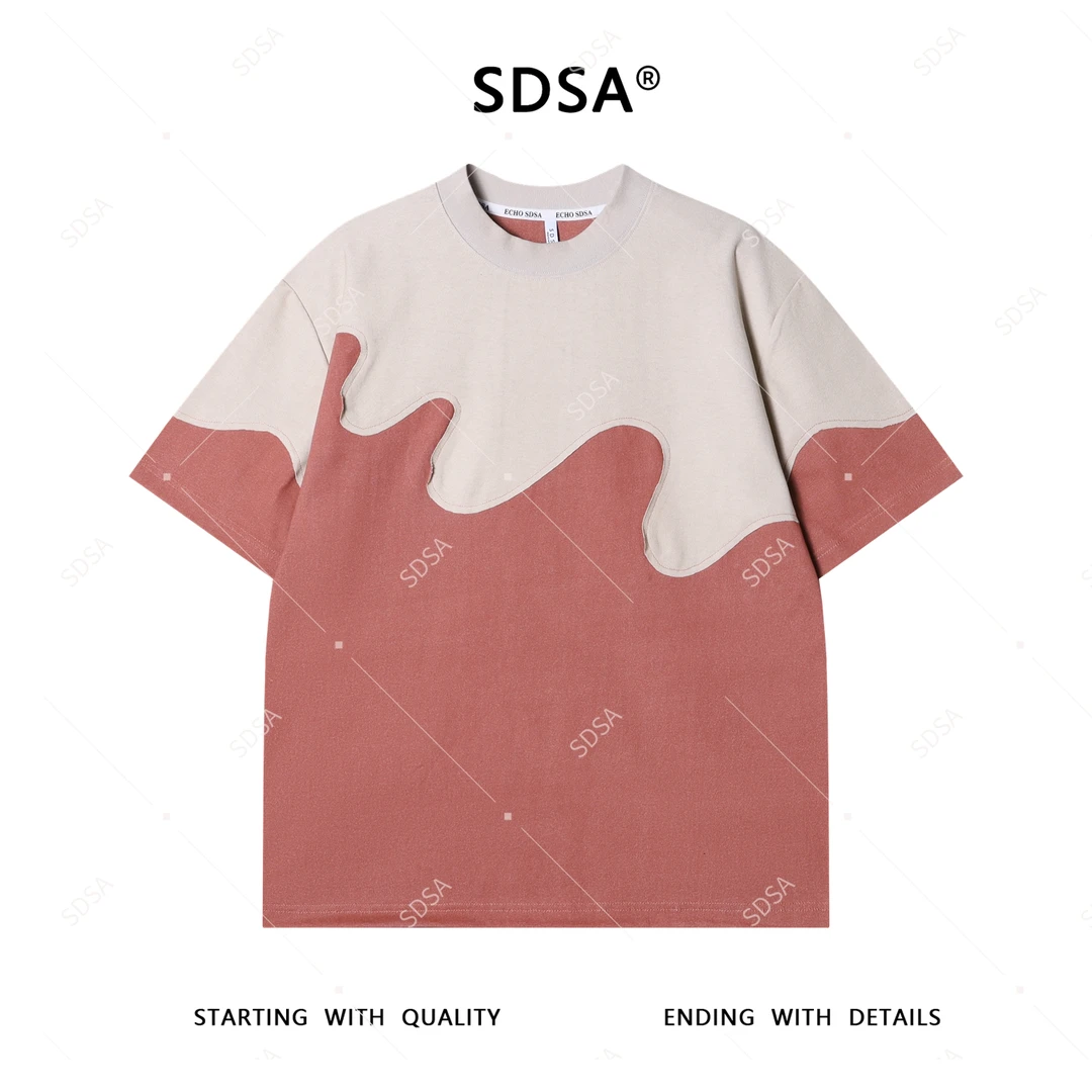 夏季高级感新款男士潮牌撞色拼接设计圆领短袖T恤宽松简约上衣