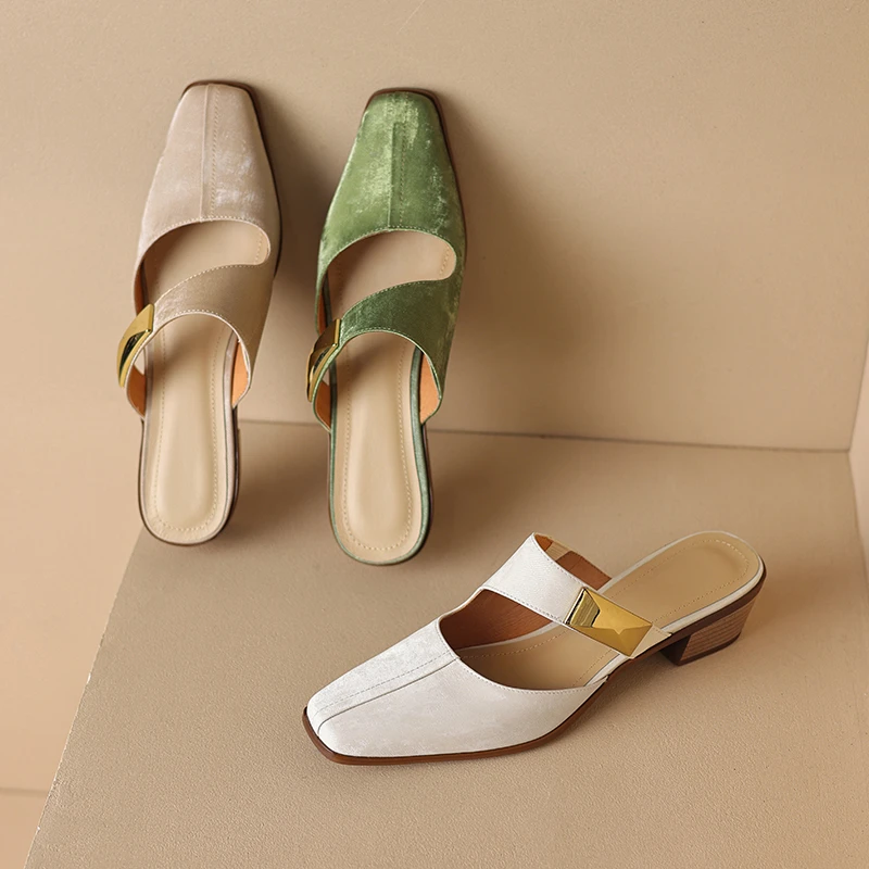 羊皮版真皮方头法式复古包头半拖鞋女夏外穿粗跟国潮小香风穆勒鞋