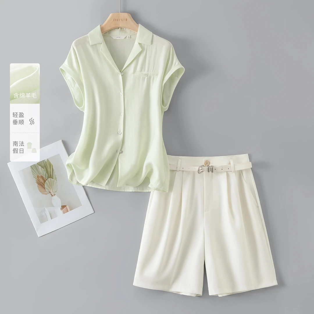 IHIMI/海谧2025年夏季新款女装简约时尚绵羊毛衬衫百搭短裤套装