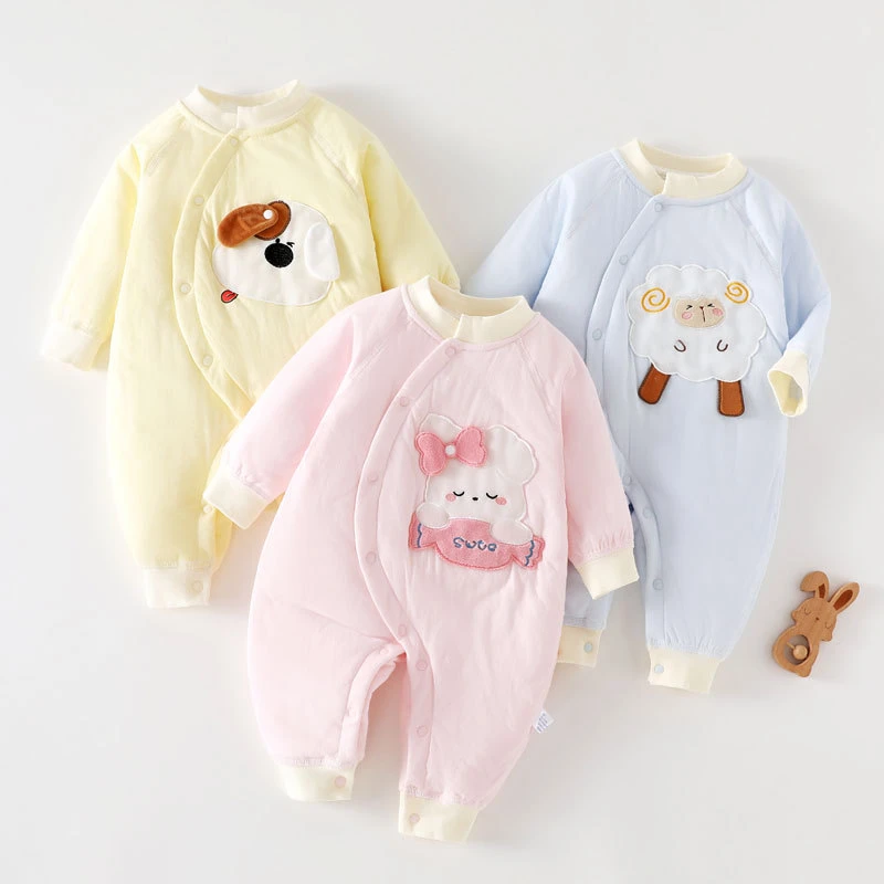 秋冬婴儿连体薄棉袄夹棉加厚新生儿棉衣偏扣护肚宝宝外出服可爱