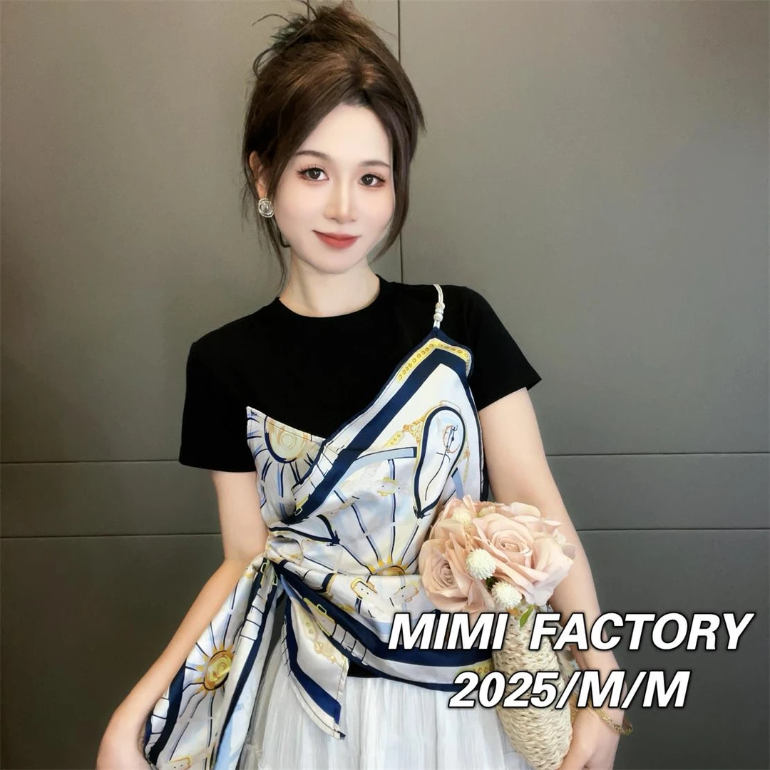 【现货】2025夏季新款欧货假两件拼接收腰系带短袖T恤女上衣4206#