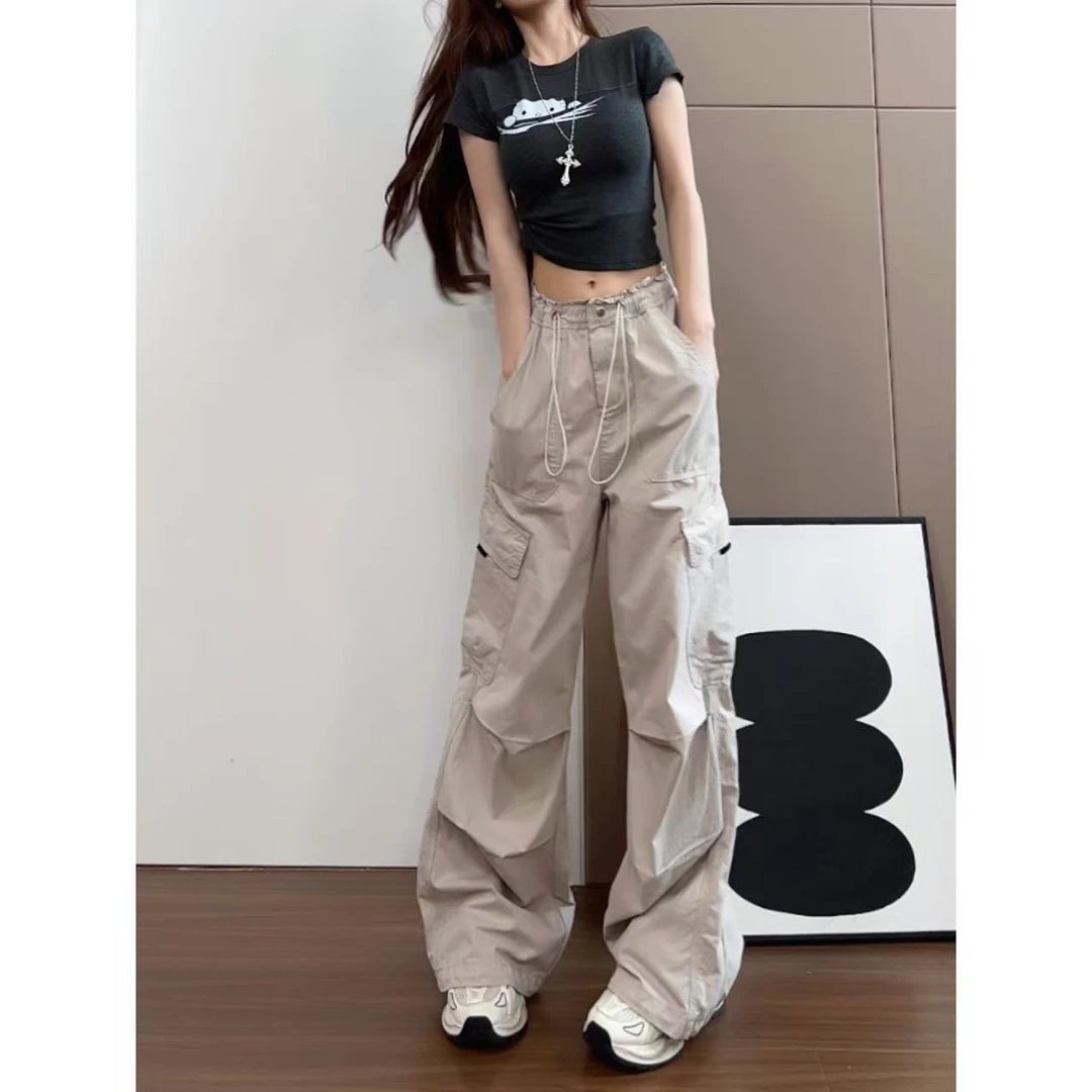 【灰调工装】夏季褶皱多口袋松紧腰宽松休闲工装长裤女-K3167