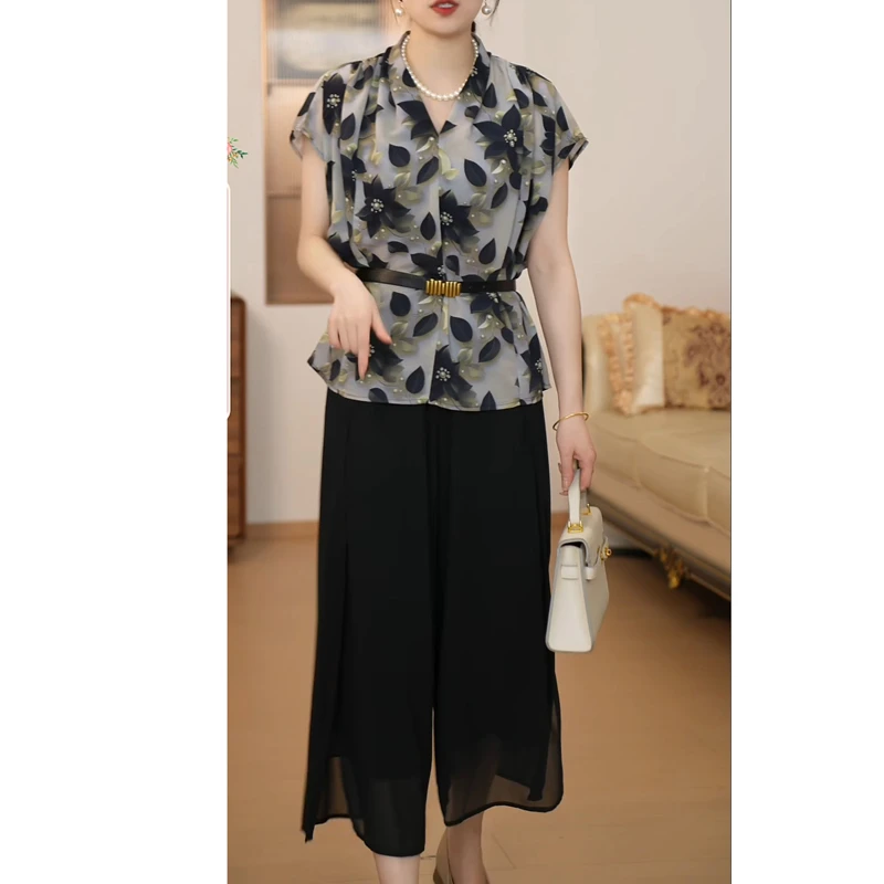 母亲节妈妈装气质小衫套装女夏季新款时尚印花短袖显瘦高级两件套