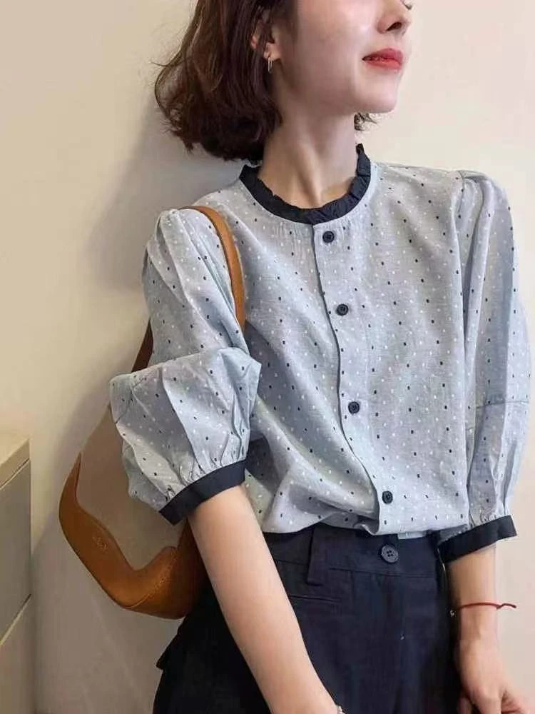 【运费补贴】6666夏季新法式圆领灯笼袖波点衬衫小个子女撞色上衣