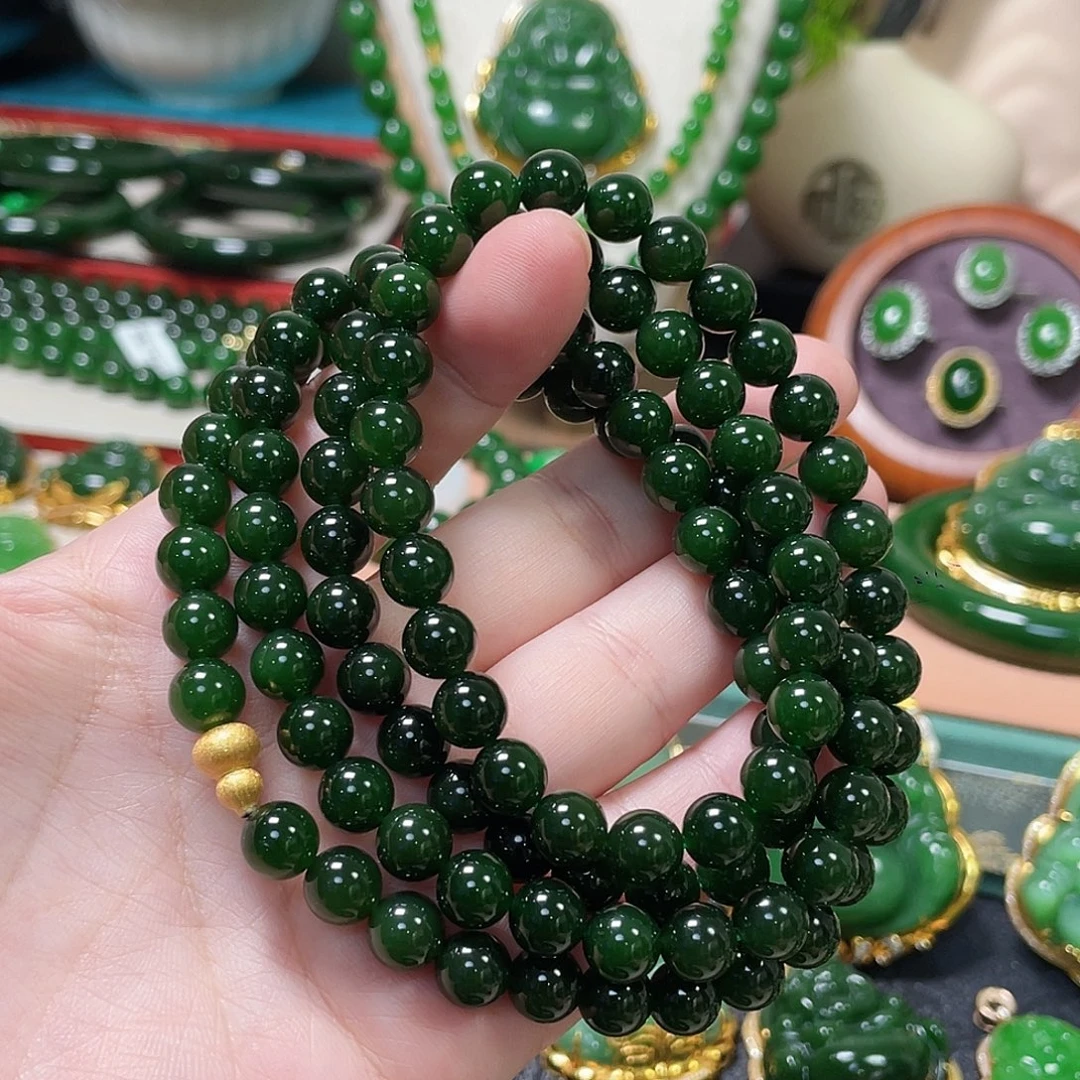 和田玉（碧玉）未镶嵌颈饰菠菜绿108粒8mm
