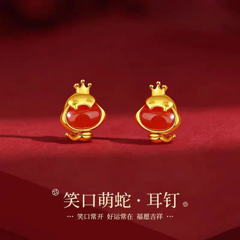 足银耳饰 S999银针笑口萌蛇耳钉生肖蛇年本命守护耳饰新年送礼物