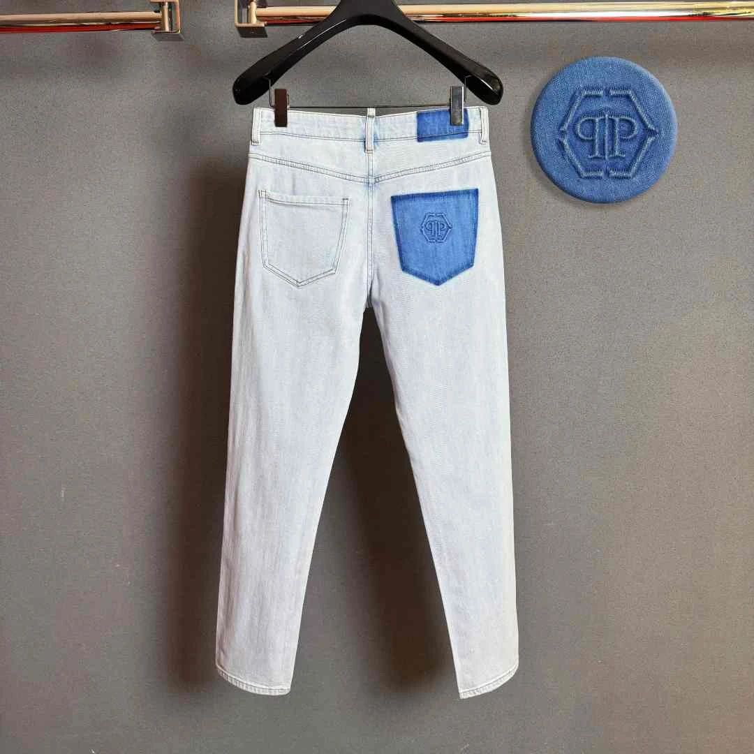 PP奢潮男装夏季新款冰蓝色高档男士修身弹力微锥直筒薄牛仔裤9980