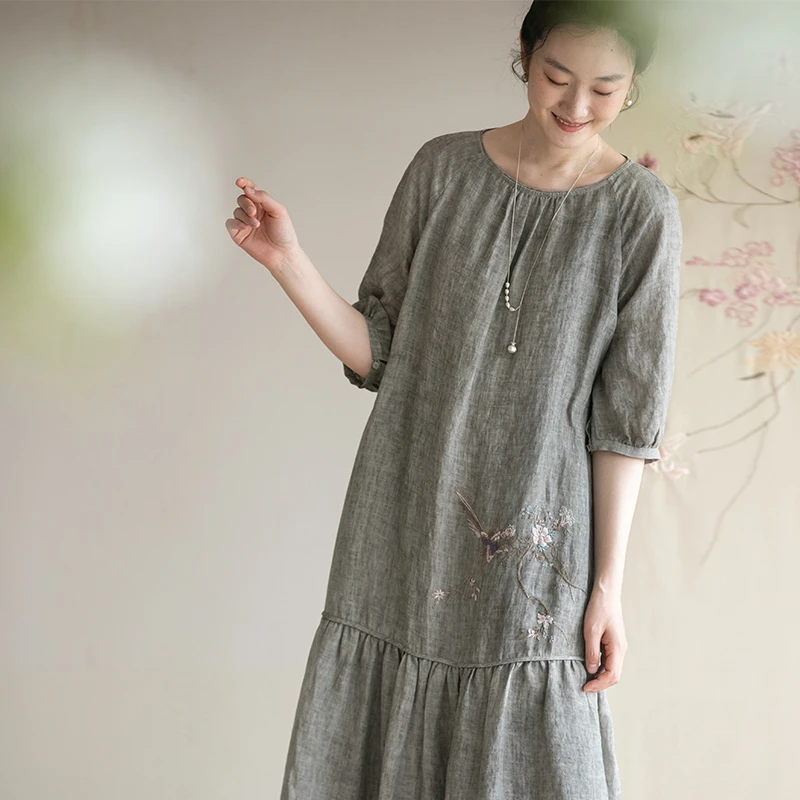 牧衣游原创 手工刺绣汉麻连衣裙夏新款宽松质朴禅意气质长裙 僧话