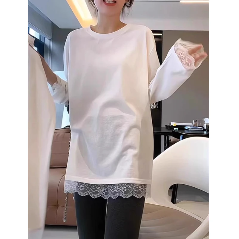 白色拼接蕾丝中长款长袖t恤女春秋季叠穿爆款宽松内搭打底衫上衣