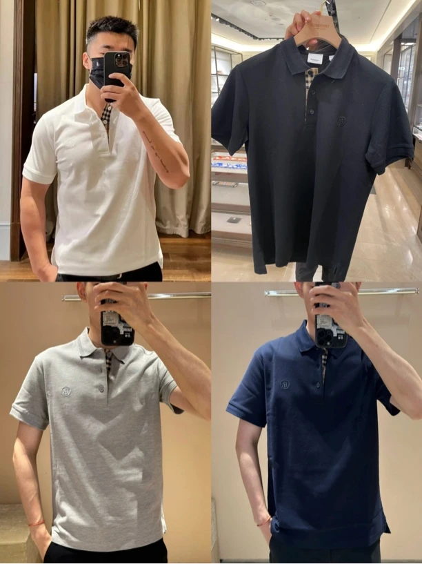 未使用 BURBERRY/博柏利 男款刺绣TB圆标格纹开襟短袖polo衫3700