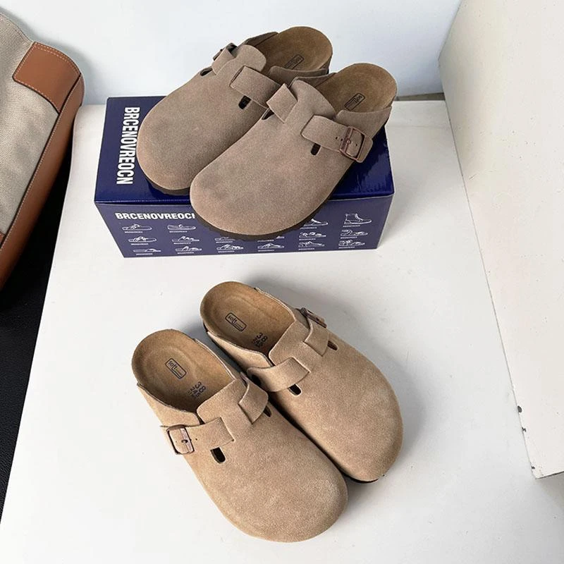 莞产高货~牛反绒面包头勃肯拖鞋女后空磨砂皮皮带扣外穿半拖鞋