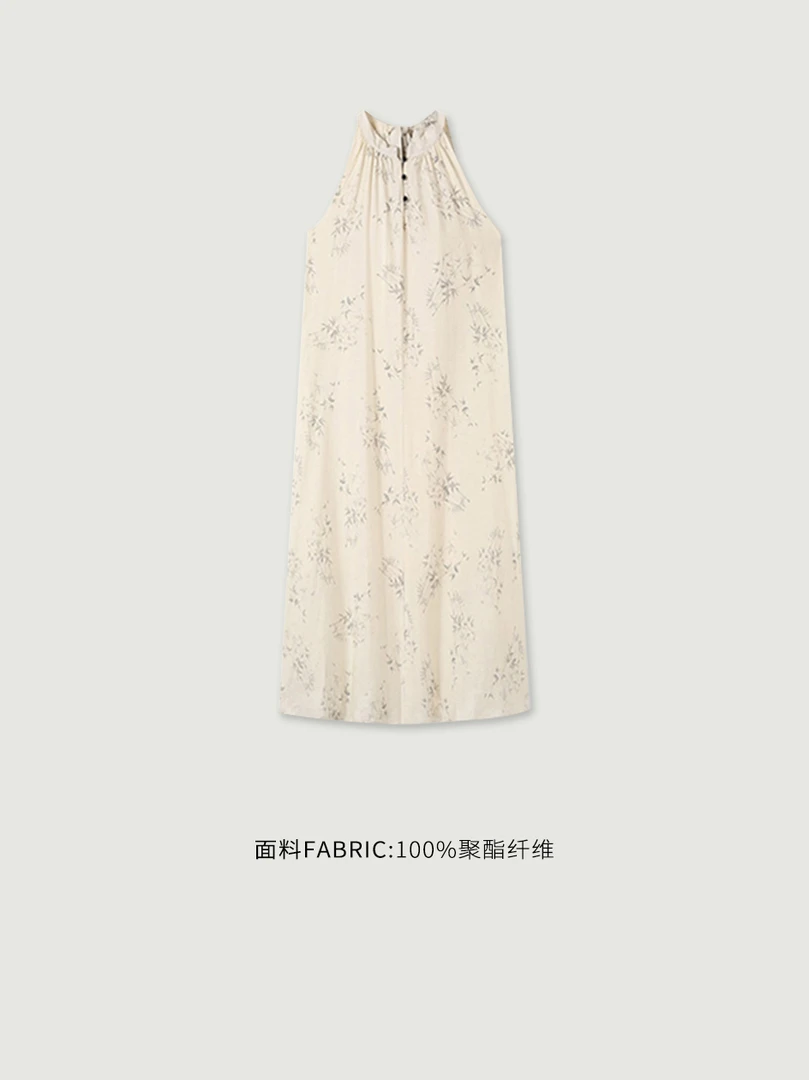奥莉酱THE ALBORN 新中式竹叶印花挂脖连衣裙25夏国风中长裙女