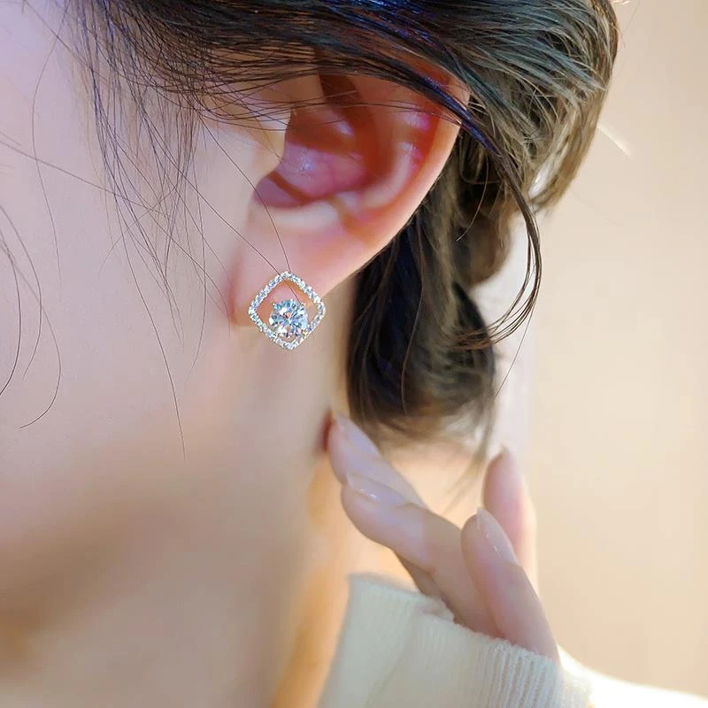 OLOIU 925银耳饰 满钻小方钻耳钉女气质耳环2025新款精致百搭时髦
