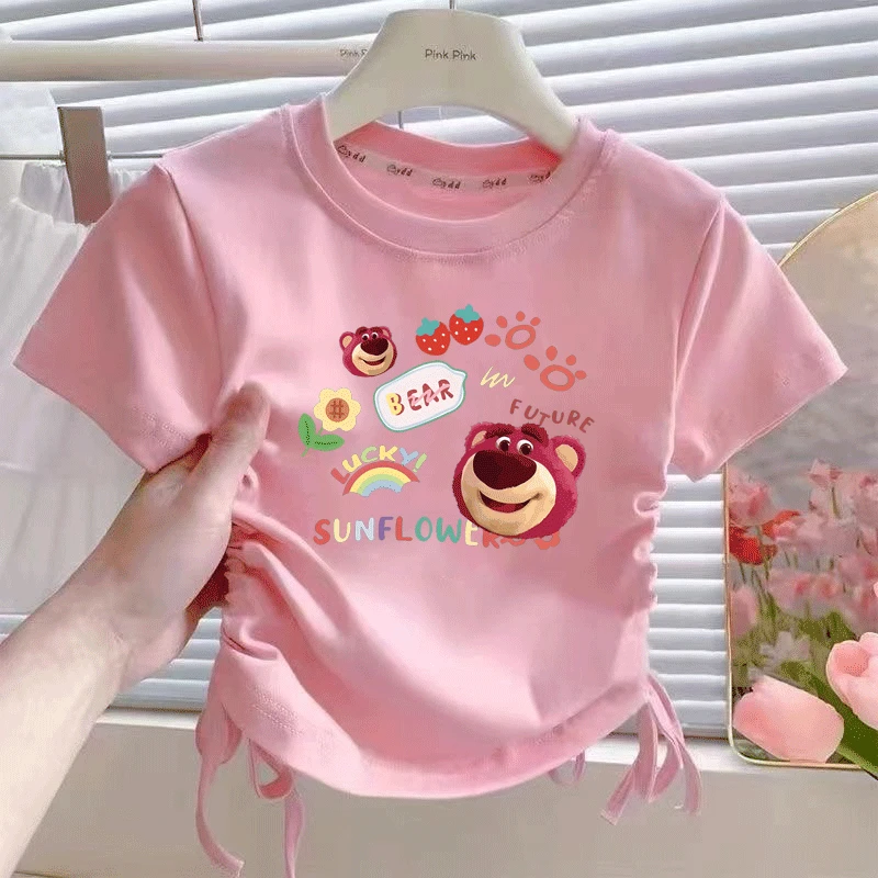 中大女童纯棉短袖t恤夏季新款抽绳半袖卡通草莓熊女孩洋气上衣T