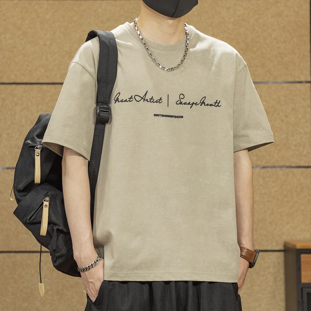 潮牌美式复古短袖t恤男士夏季新款字母印花重磅纯棉休闲半袖上衣
