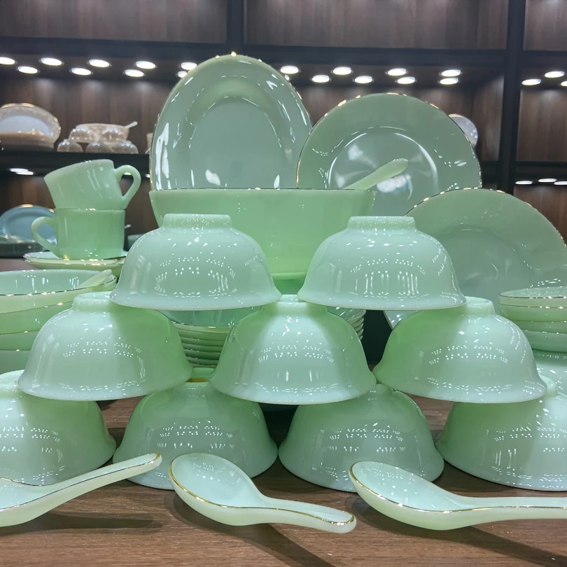 玉瓷轻奢青瓷中式米饭碗陶瓷碗盘碗筷餐具套装网红碗盘组合绿玉瓷