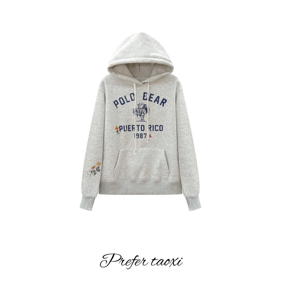 彩点雪花熊加绒连帽卫衣