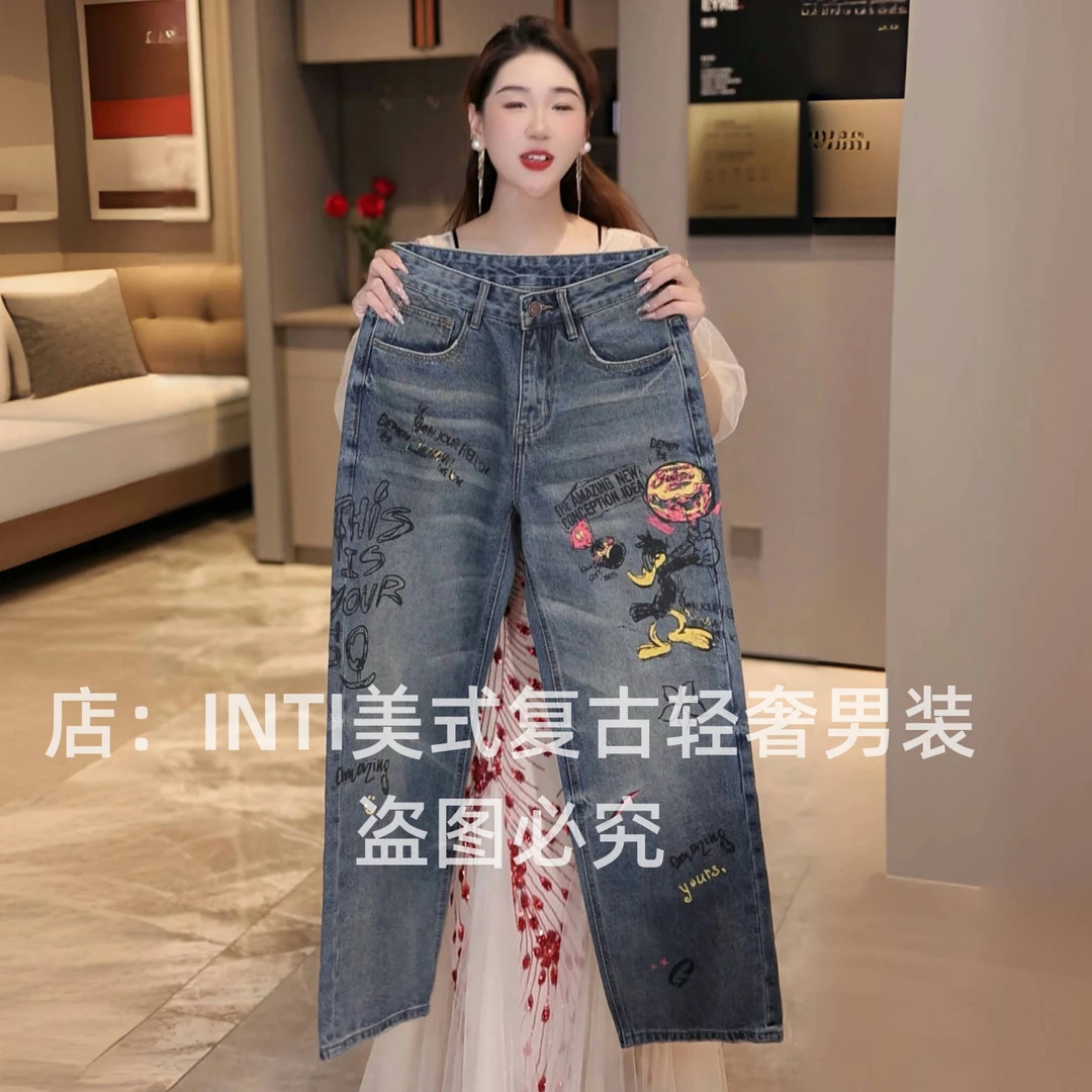 INTI秋冬季轻奢原创高端美式复古印花涂鸦男牛仔裤宽松直筒阔腿裤