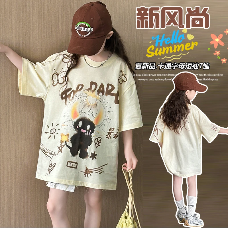 女童短袖涂鸦T恤2025夏装新款儿童上衣女大童韩版宽松短袖休闲潮t