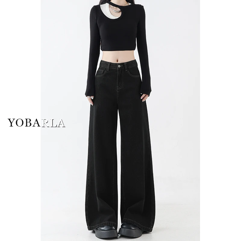 【新年宠粉】黑色直筒牛仔裤女春季高腰大码宽松显瘦阔腿裤YBL-3111