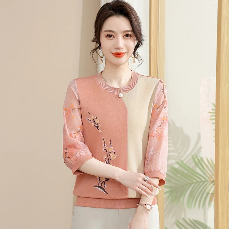 王小鸭七分袖上衣女2025秋季新款设计款撞色拼接宽松打底衫百搭