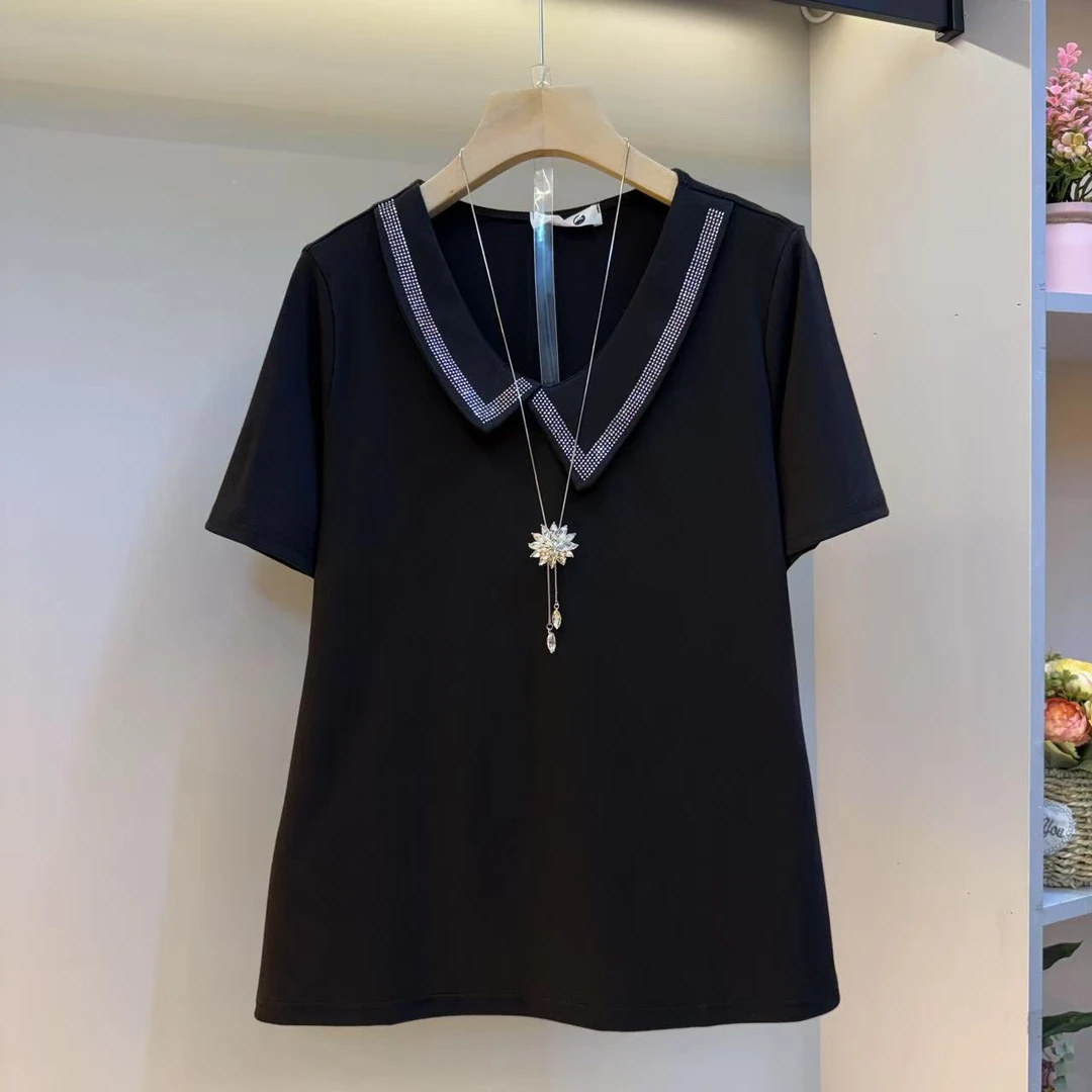 时尚大码女装设计感新款重工翻领烫钻气质显瘦短袖