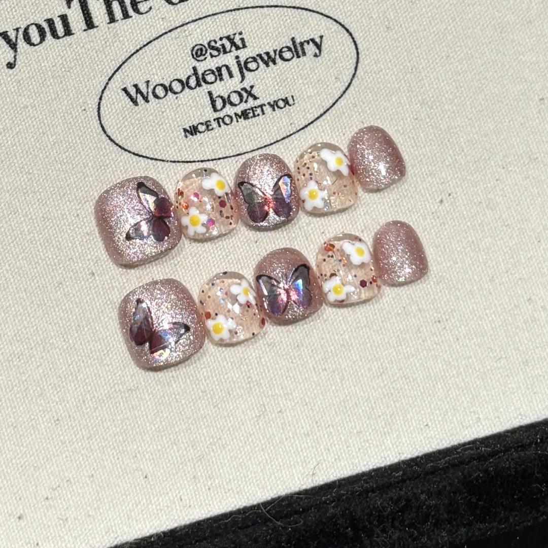 Better「蝴蝶」小朋友手工穿戴甲猫眼蝴蝶手绘小花不伤指甲贴10片