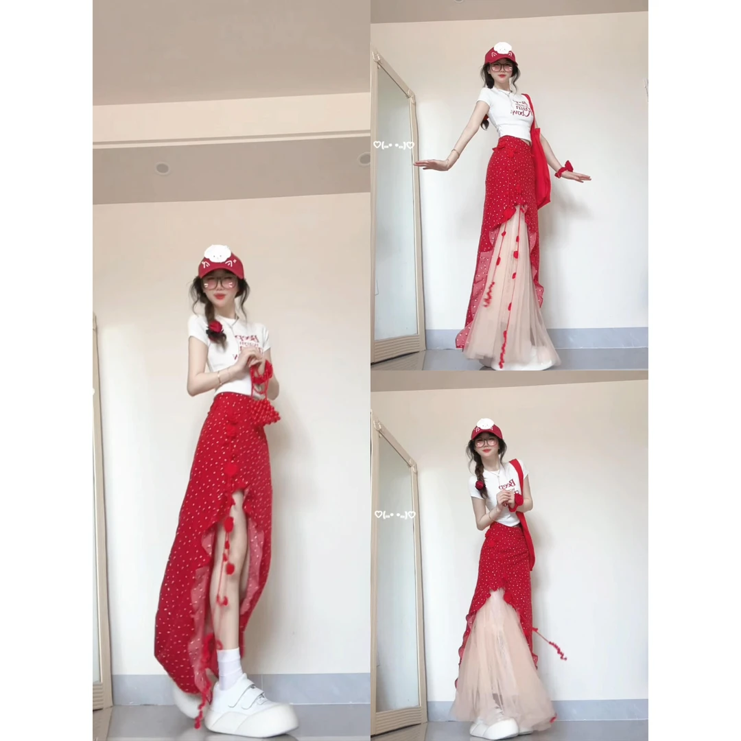 多巴胺短袖T恤碎花半身裙套装女夏季新款高级感气质时尚甜美穿搭