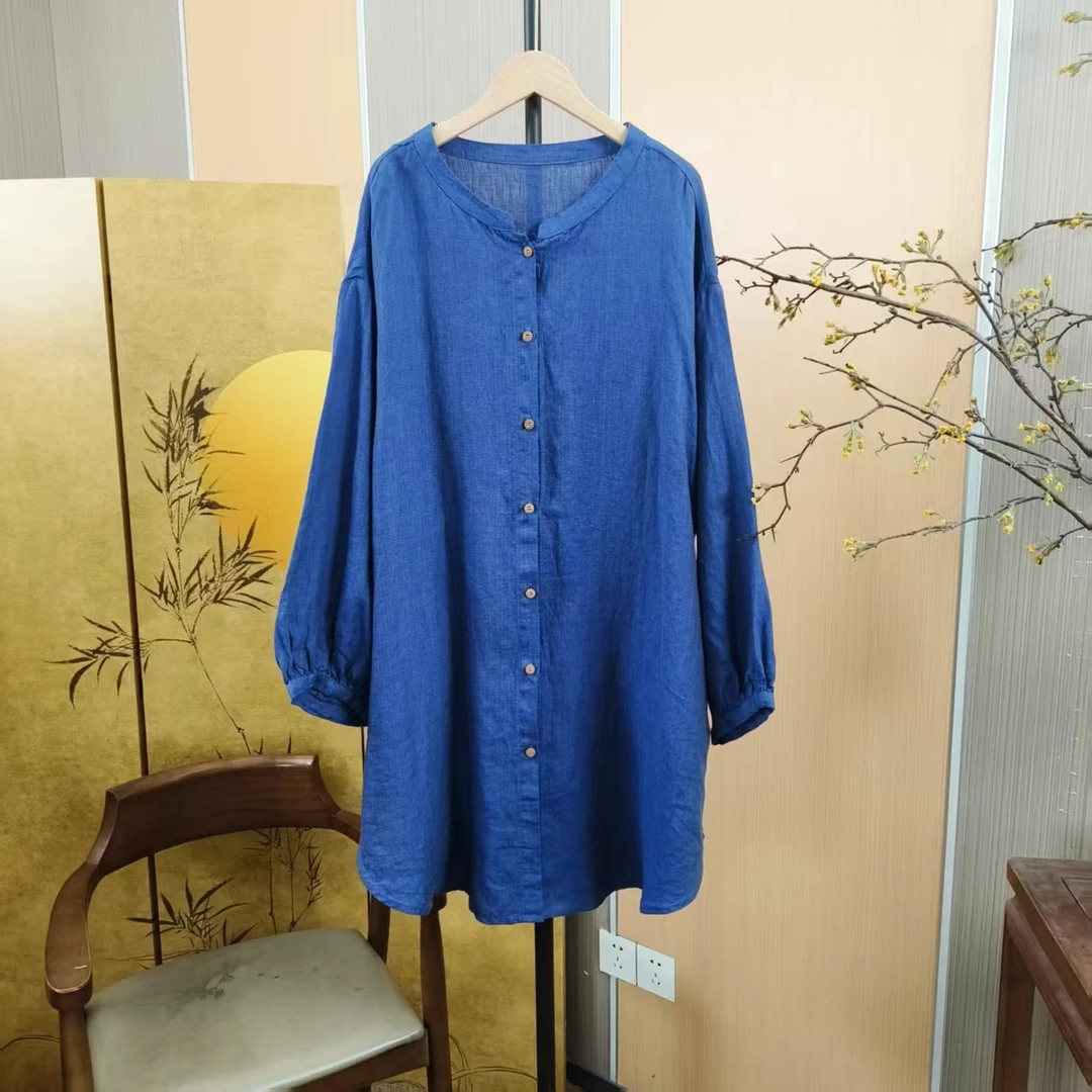 （衣长90-95 胸围：130）高品质色织纯亚麻中长款衬衣66305
